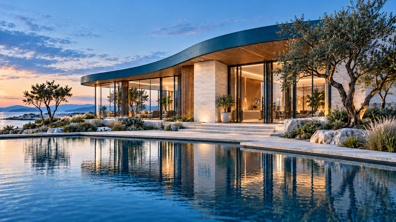 Kove pavilion beside calm reflective water