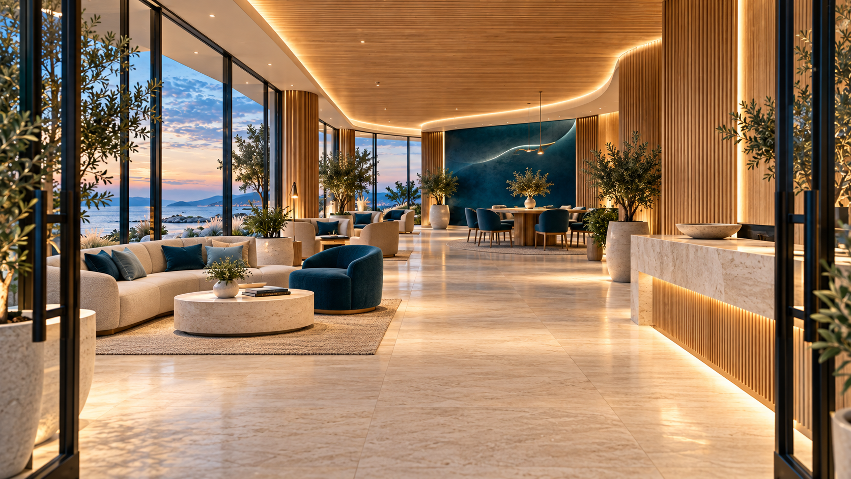 Warm Kove interior with blue seating and a view over the water